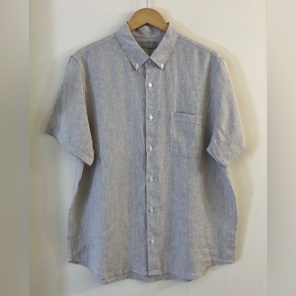 NWT Everlane The Linen Short-Sleeve Standard Fit Shirt Stone/White Stripe Size L - Picture 4 of 13